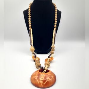 Artisan Wooden Beaded Necklace with Floral Pendant - Vintage Boho Y2K